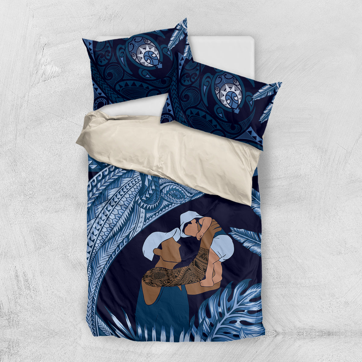 Father's Day Polynesian Pattern Bedding Set Tropical Humpback Whale - Navy