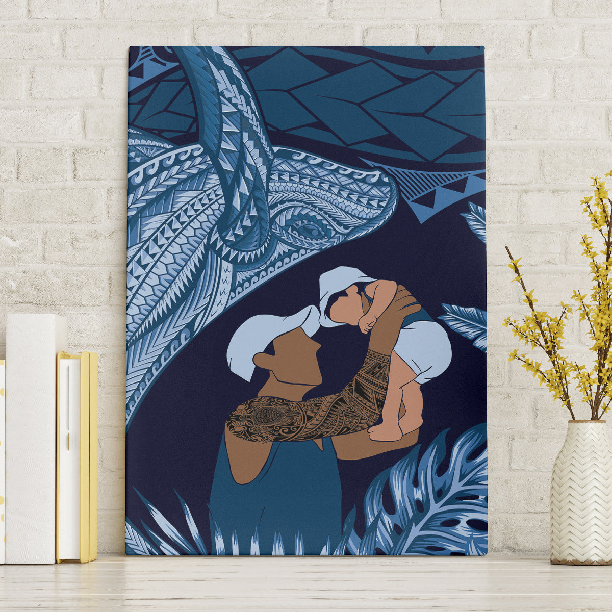 Father's Day Polynesian Pattern Canvas Wall Art Tropical Humpback Whale - Navy