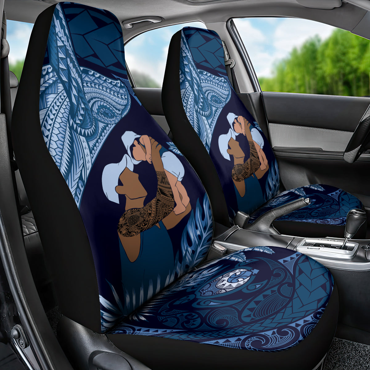 Father's Day Polynesian Pattern Car Seat Cover Tropical Humpback Whale - Navy