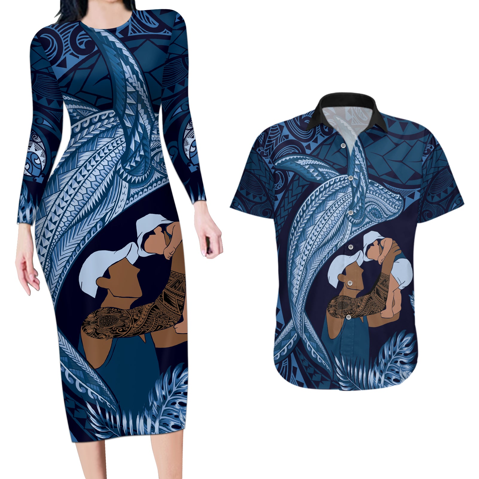 Father's Day Polynesian Pattern Couples Matching Long Sleeve Bodycon Dress and Hawaiian Shirt Tropical Humpback Whale - Navy