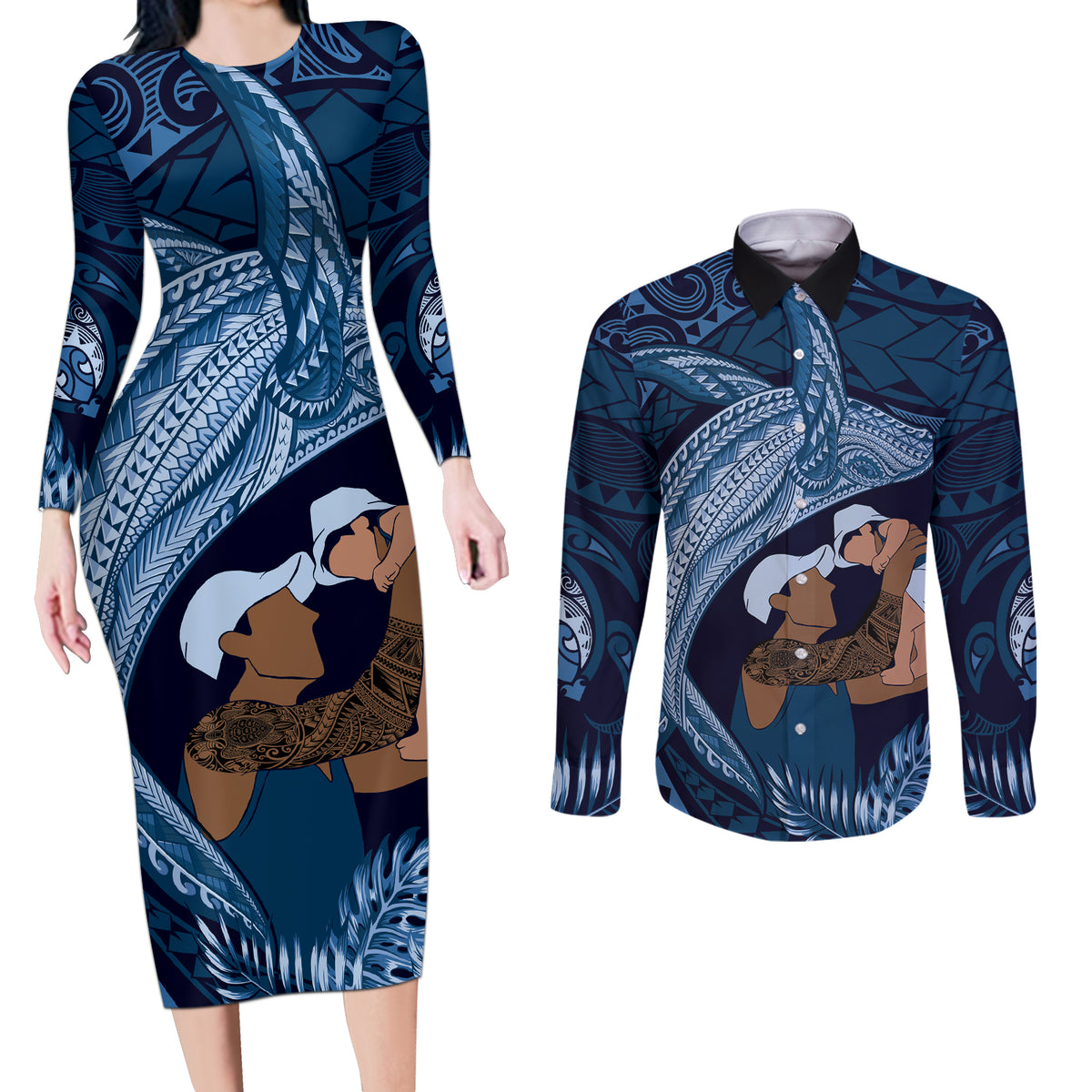 Father's Day Polynesian Pattern Couples Matching Long Sleeve Bodycon Dress and Long Sleeve Button Shirt Tropical Humpback Whale - Navy
