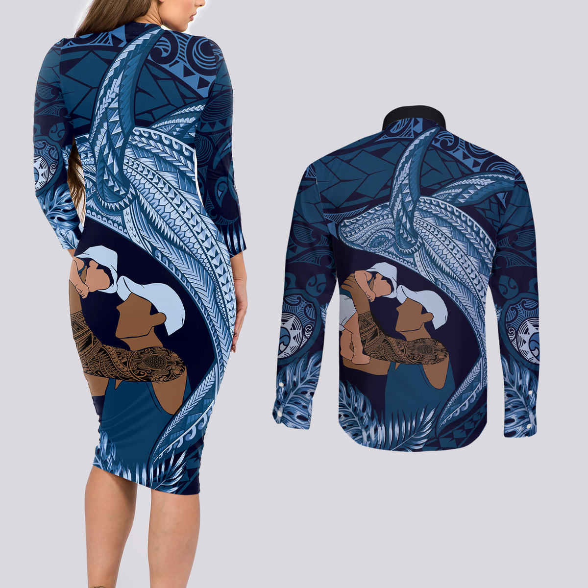 Father's Day Polynesian Pattern Couples Matching Long Sleeve Bodycon Dress and Long Sleeve Button Shirt Tropical Humpback Whale - Navy