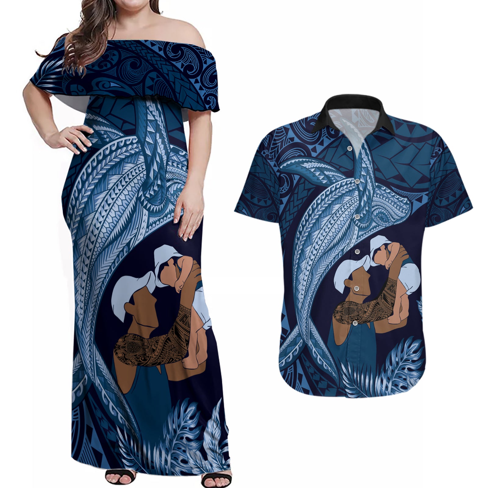 Father's Day Polynesian Pattern Couples Matching Off Shoulder Maxi Dress and Hawaiian Shirt Tropical Humpback Whale - Navy