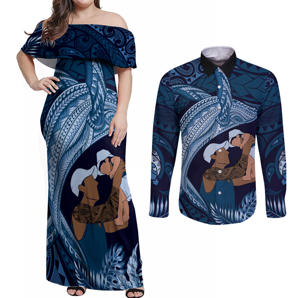 Father's Day Polynesian Pattern Couples Matching Off Shoulder Maxi Dress and Long Sleeve Button Shirt Tropical Humpback Whale - Navy