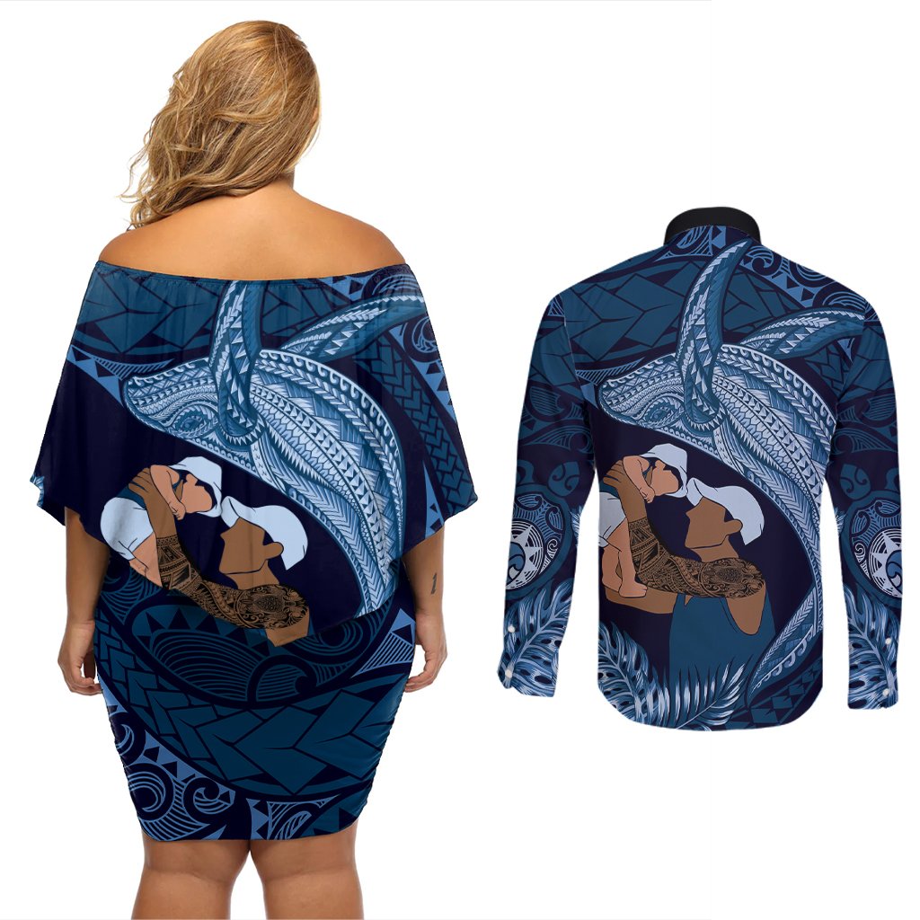 Father's Day Polynesian Pattern Couples Matching Off Shoulder Short Dress and Long Sleeve Button Shirt Tropical Humpback Whale - Navy
