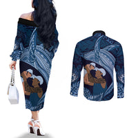 Father's Day Polynesian Pattern Couples Matching Off The Shoulder Long Sleeve Dress and Long Sleeve Button Shirt Tropical Humpback Whale - Navy