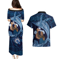 Father's Day Polynesian Pattern Couples Matching Puletasi and Hawaiian Shirt Tropical Humpback Whale - Navy