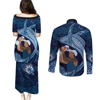 Father's Day Polynesian Pattern Couples Matching Puletasi and Long Sleeve Button Shirt Tropical Humpback Whale - Navy