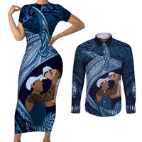Father's Day Polynesian Pattern Couples Matching Short Sleeve Bodycon Dress and Long Sleeve Button Shirt Tropical Humpback Whale - Navy
