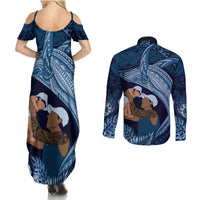 Father's Day Polynesian Pattern Couples Matching Summer Maxi Dress and Long Sleeve Button Shirt Tropical Humpback Whale - Navy