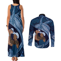 Father's Day Polynesian Pattern Couples Matching Tank Maxi Dress and Long Sleeve Button Shirt Tropical Humpback Whale - Navy