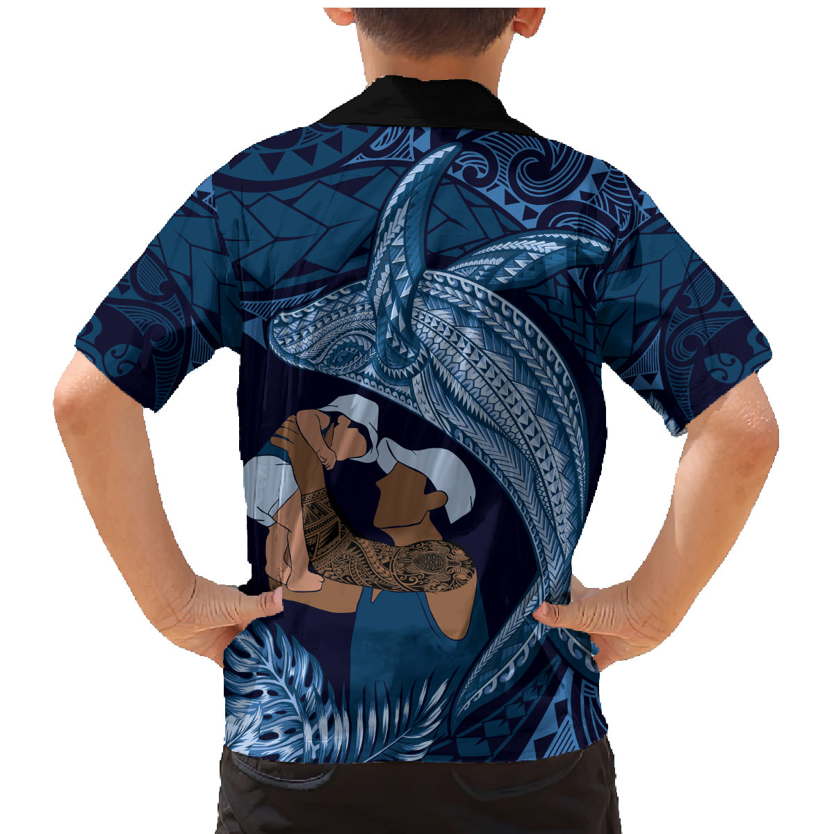 Father's Day Polynesian Pattern Family Matching Mermaid Dress and Hawaiian Shirt Tropical Humpback Whale - Navy