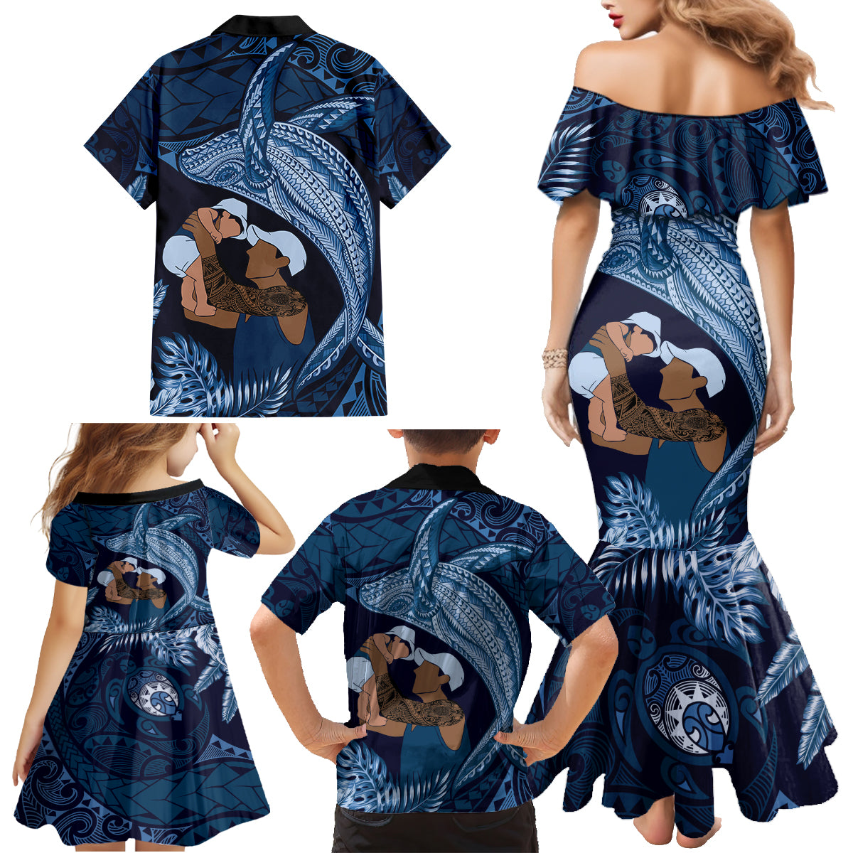 Father's Day Polynesian Pattern Family Matching Mermaid Dress and Hawaiian Shirt Tropical Humpback Whale - Navy