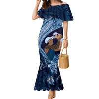 Father's Day Polynesian Pattern Family Matching Mermaid Dress and Hawaiian Shirt Tropical Humpback Whale - Navy