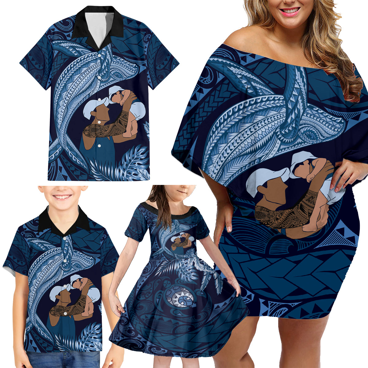 Father's Day Polynesian Pattern Family Matching Off Shoulder Short Dress and Hawaiian Shirt Tropical Humpback Whale - Navy