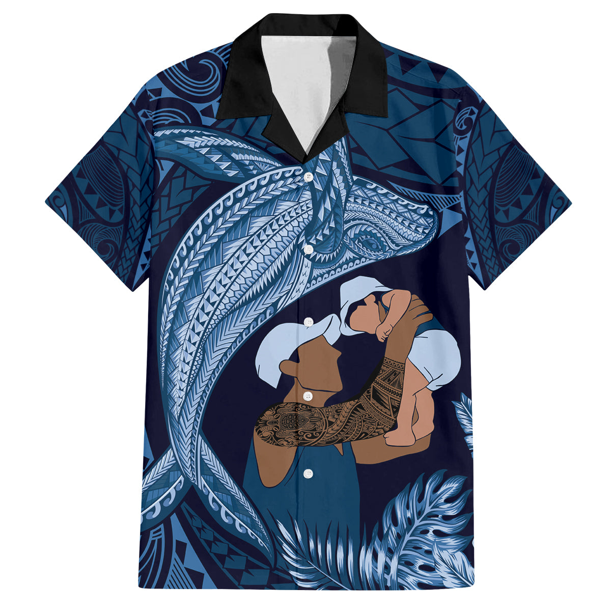 Father's Day Polynesian Pattern Family Matching Off Shoulder Short Dress and Hawaiian Shirt Tropical Humpback Whale - Navy