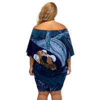 Father's Day Polynesian Pattern Family Matching Off Shoulder Short Dress and Hawaiian Shirt Tropical Humpback Whale - Navy