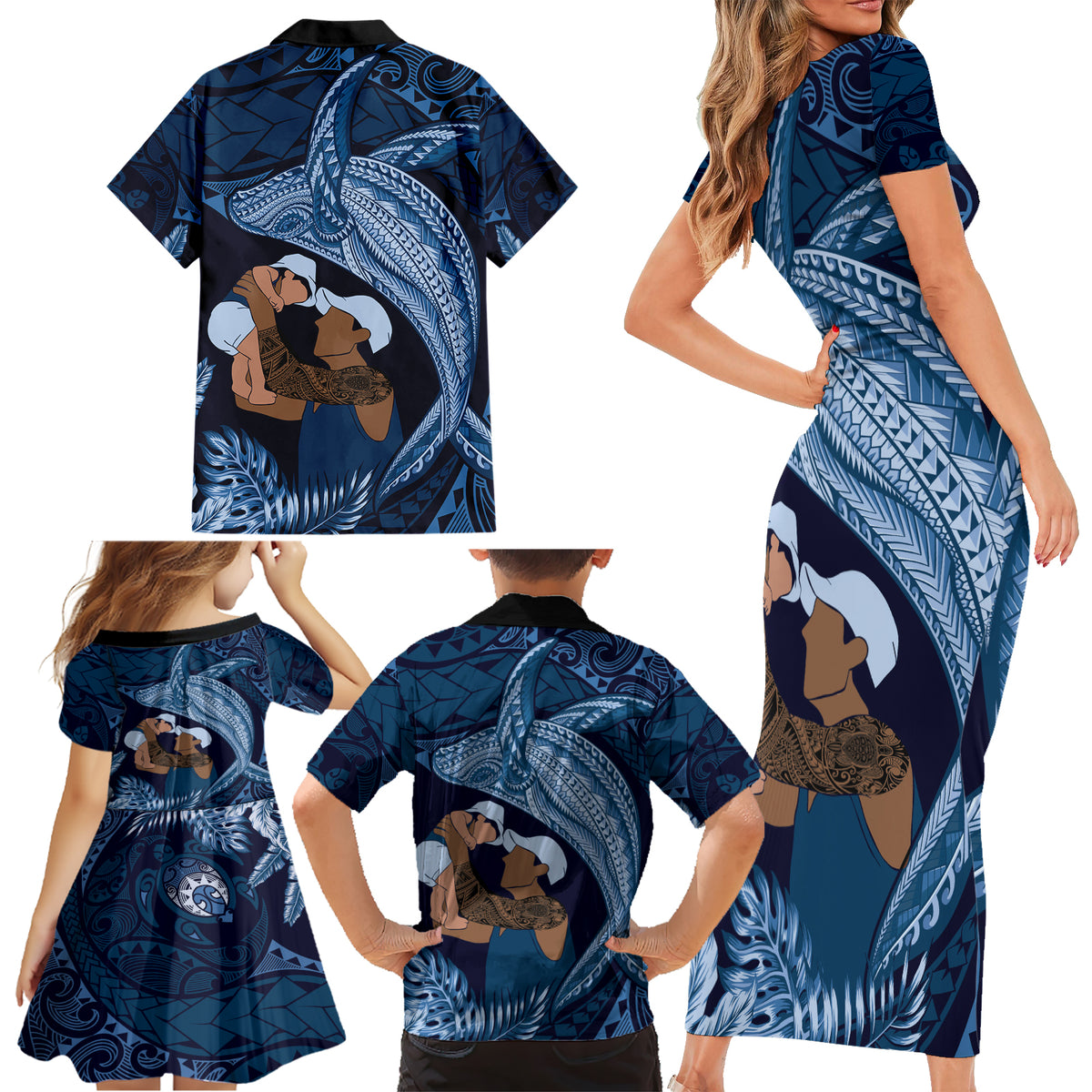 Father's Day Polynesian Pattern Family Matching Short Sleeve Bodycon Dress and Hawaiian Shirt Tropical Humpback Whale - Navy