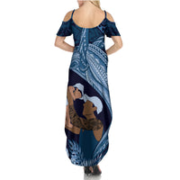 Father's Day Polynesian Pattern Family Matching Summer Maxi Dress and Hawaiian Shirt Tropical Humpback Whale - Navy