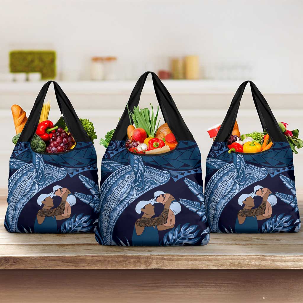 Father's Day Polynesian Pattern Grocery Bag Tropical Humpback Whale - Navy