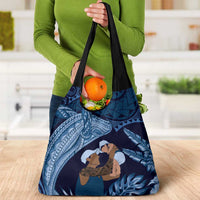 Father's Day Polynesian Pattern Grocery Bag Tropical Humpback Whale - Navy