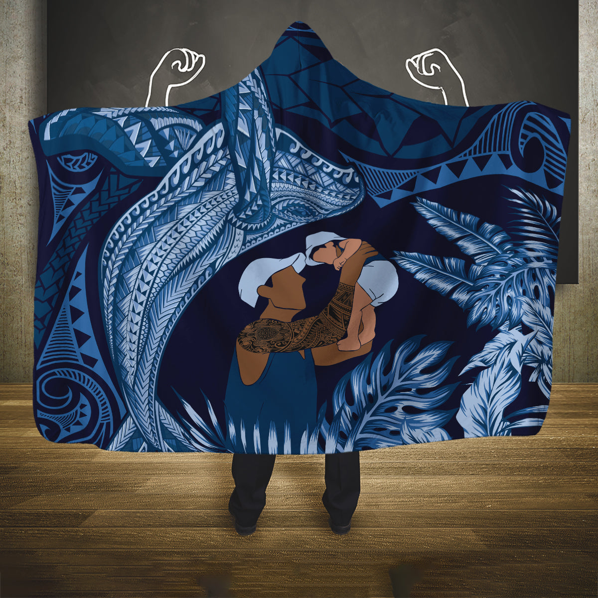 Father's Day Polynesian Pattern Hooded Blanket Tropical Humpback Whale - Navy