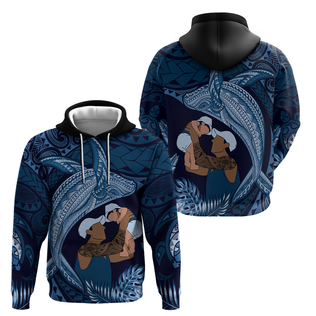 Father's Day Polynesian Pattern Hoodie Tropical Humpback Whale - Navy
