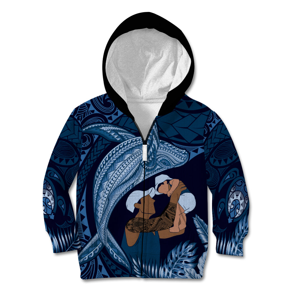 Father's Day Polynesian Pattern Kid Hoodie Tropical Humpback Whale - Navy