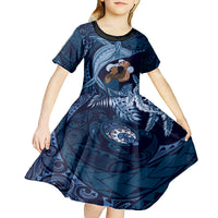 Father's Day Polynesian Pattern Kid Short Sleeve Dress Tropical Humpback Whale - Navy