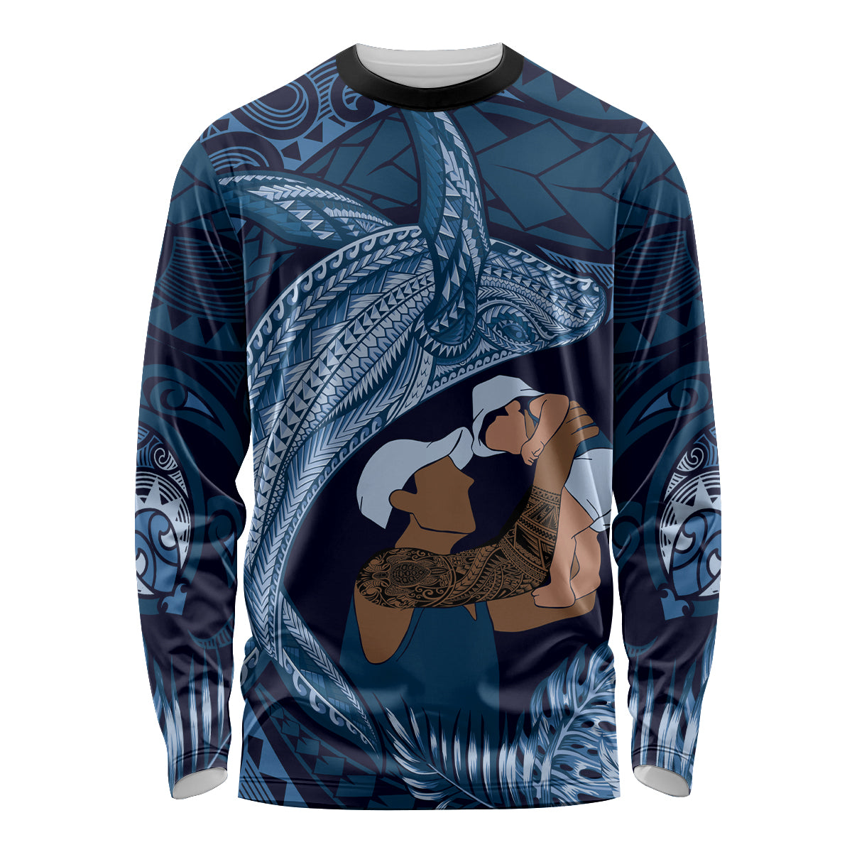 Father's Day Polynesian Pattern Long Sleeve Shirt Tropical Humpback Whale - Navy LT7 Unisex Navy Blue - Polynesian Pride