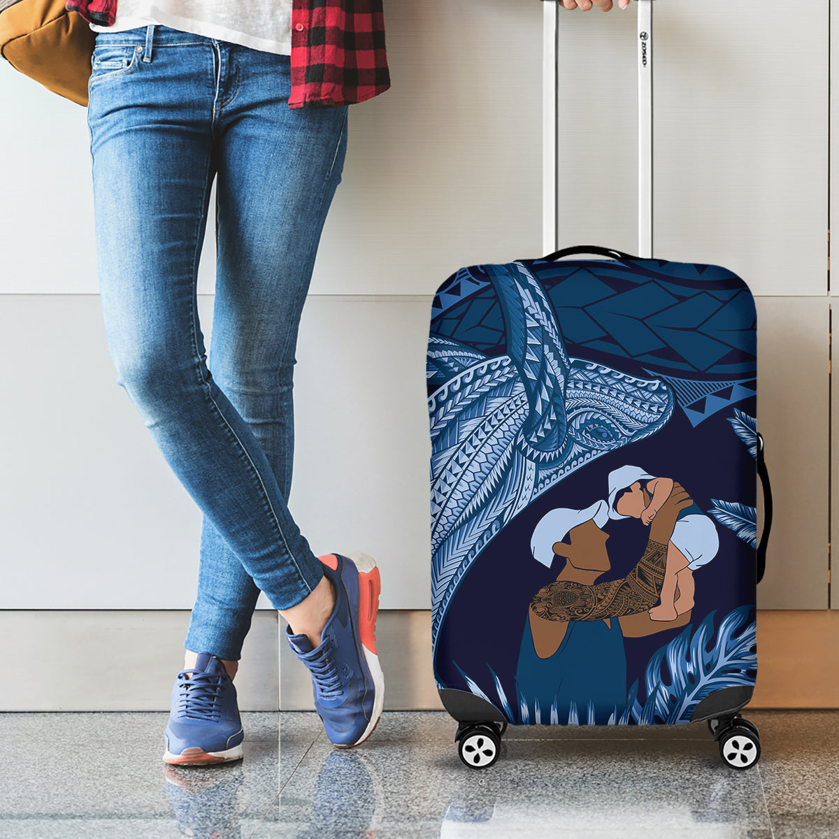 Father's Day Polynesian Pattern Luggage Cover Tropical Humpback Whale - Navy