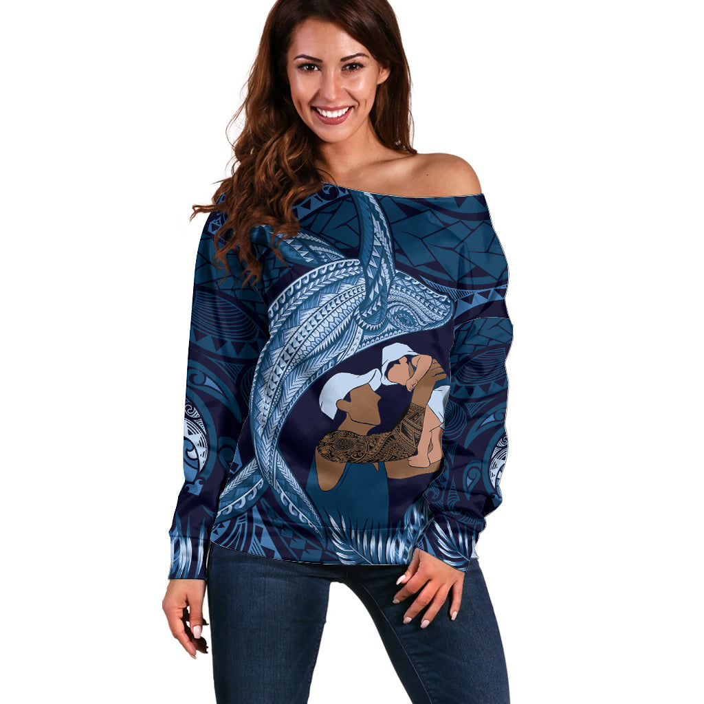Father's Day Polynesian Pattern Off Shoulder Sweater Tropical Humpback Whale - Navy