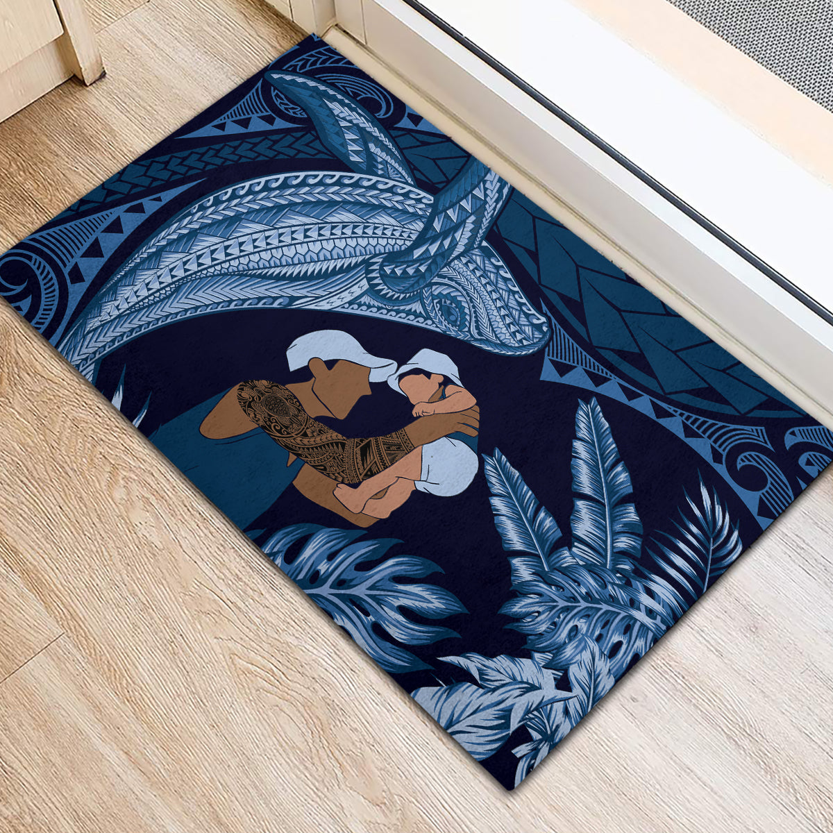 Father's Day Polynesian Pattern Rubber Doormat Tropical Humpback Whale - Navy