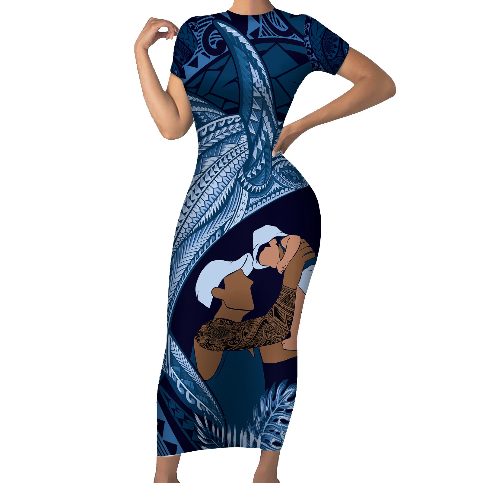 Father's Day Polynesian Pattern Short Sleeve Bodycon Dress Tropical Humpback Whale - Navy