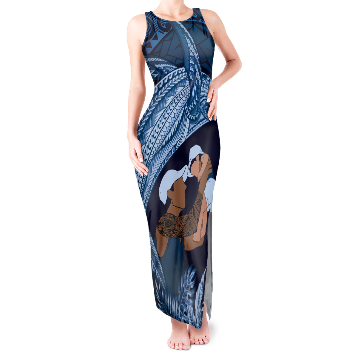 Father's Day Polynesian Pattern Tank Maxi Dress Tropical Humpback Whale - Navy
