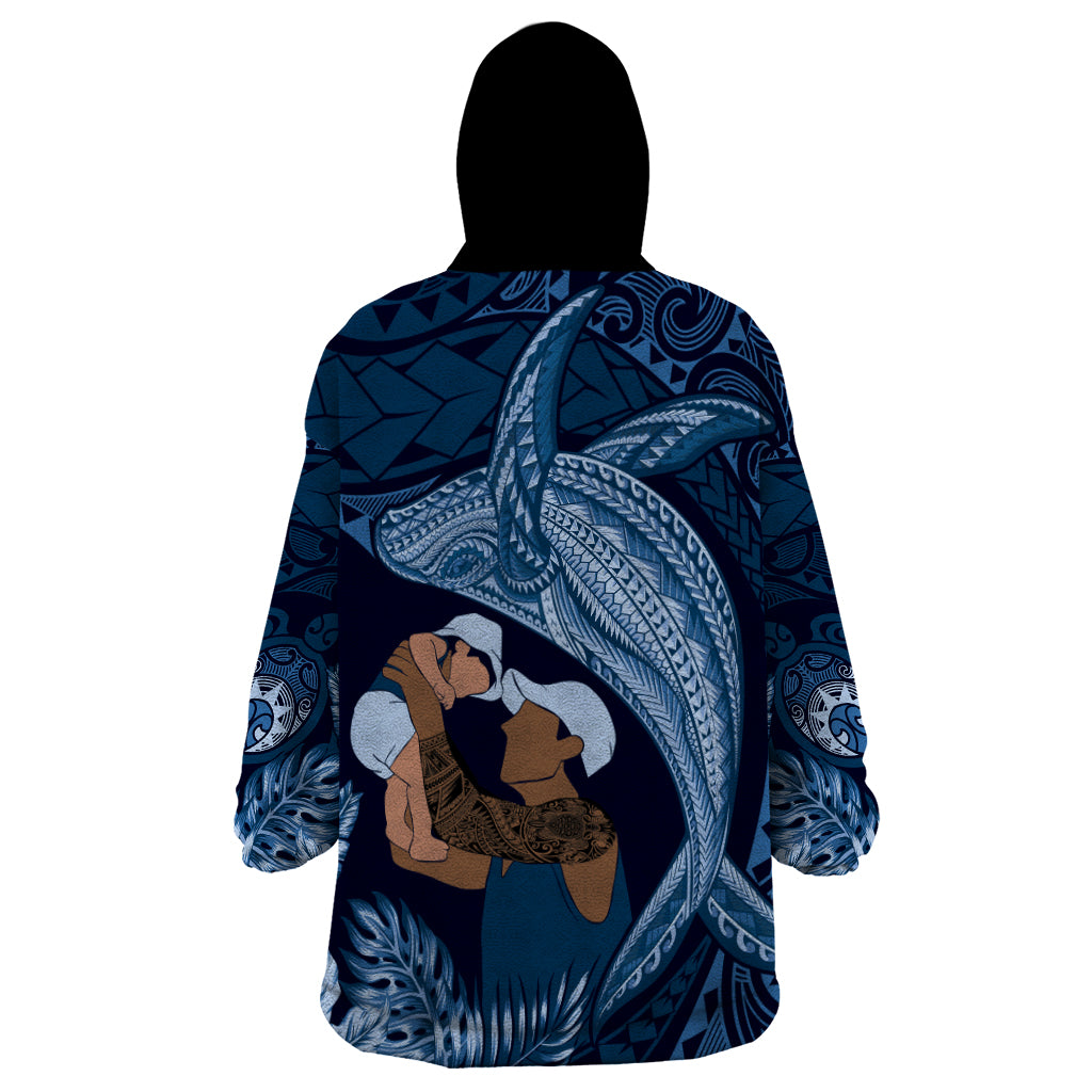 Father's Day Polynesian Pattern Wearable Blanket Hoodie Tropical Humpback Whale - Navy