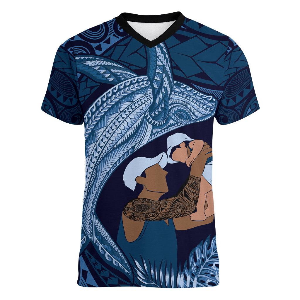 Father's Day Polynesian Pattern Women V-Neck T-Shirt Tropical Humpback Whale - Navy