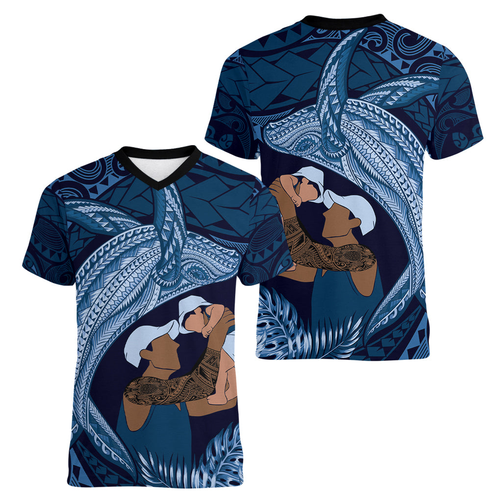 Father's Day Polynesian Pattern Women V-Neck T-Shirt Tropical Humpback Whale - Navy