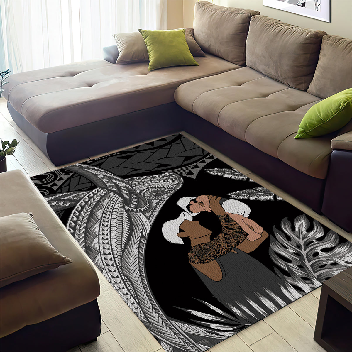 Father's Day Polynesian Pattern Area Rug Tropical Humpback Whale - Black