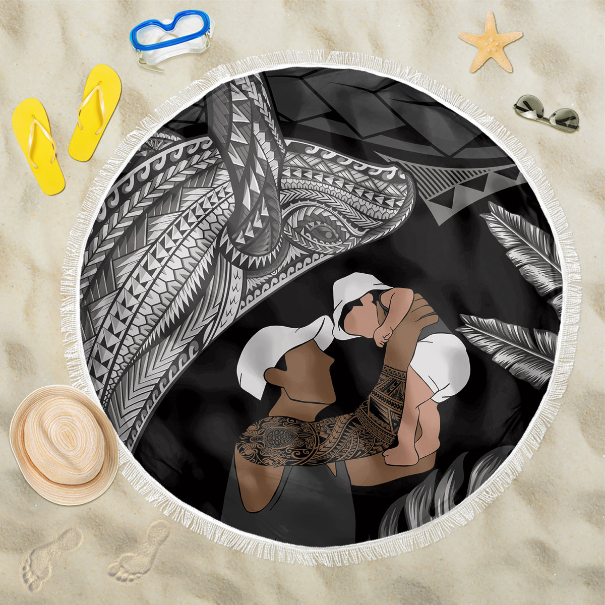 Father's Day Polynesian Pattern Beach Blanket Tropical Humpback Whale - Black