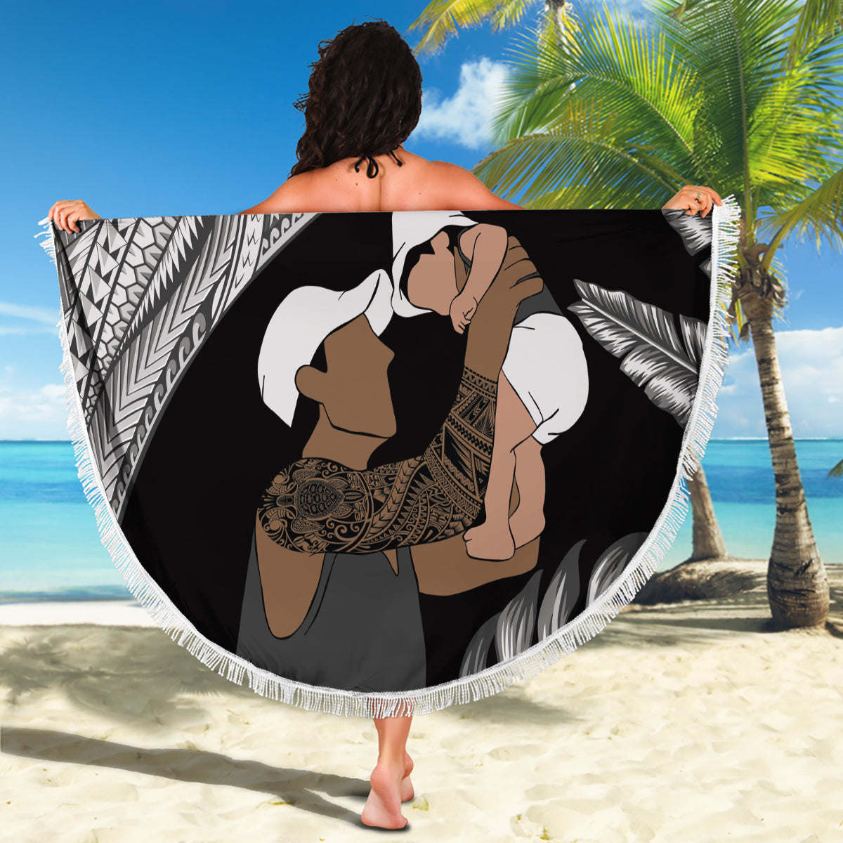 Father's Day Polynesian Pattern Beach Blanket Tropical Humpback Whale - Black