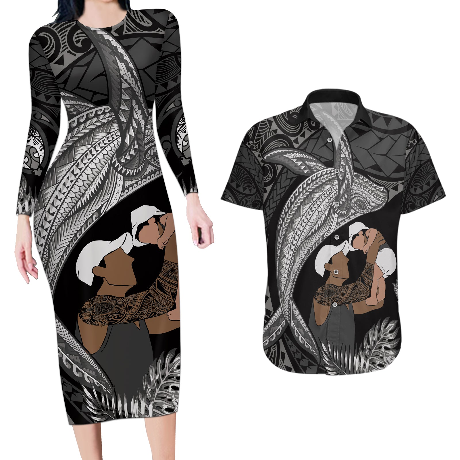 Father's Day Polynesian Pattern Couples Matching Long Sleeve Bodycon Dress and Hawaiian Shirt Tropical Humpback Whale - Black