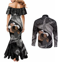 Father's Day Polynesian Pattern Couples Matching Mermaid Dress and Long Sleeve Button Shirt Tropical Humpback Whale - Black