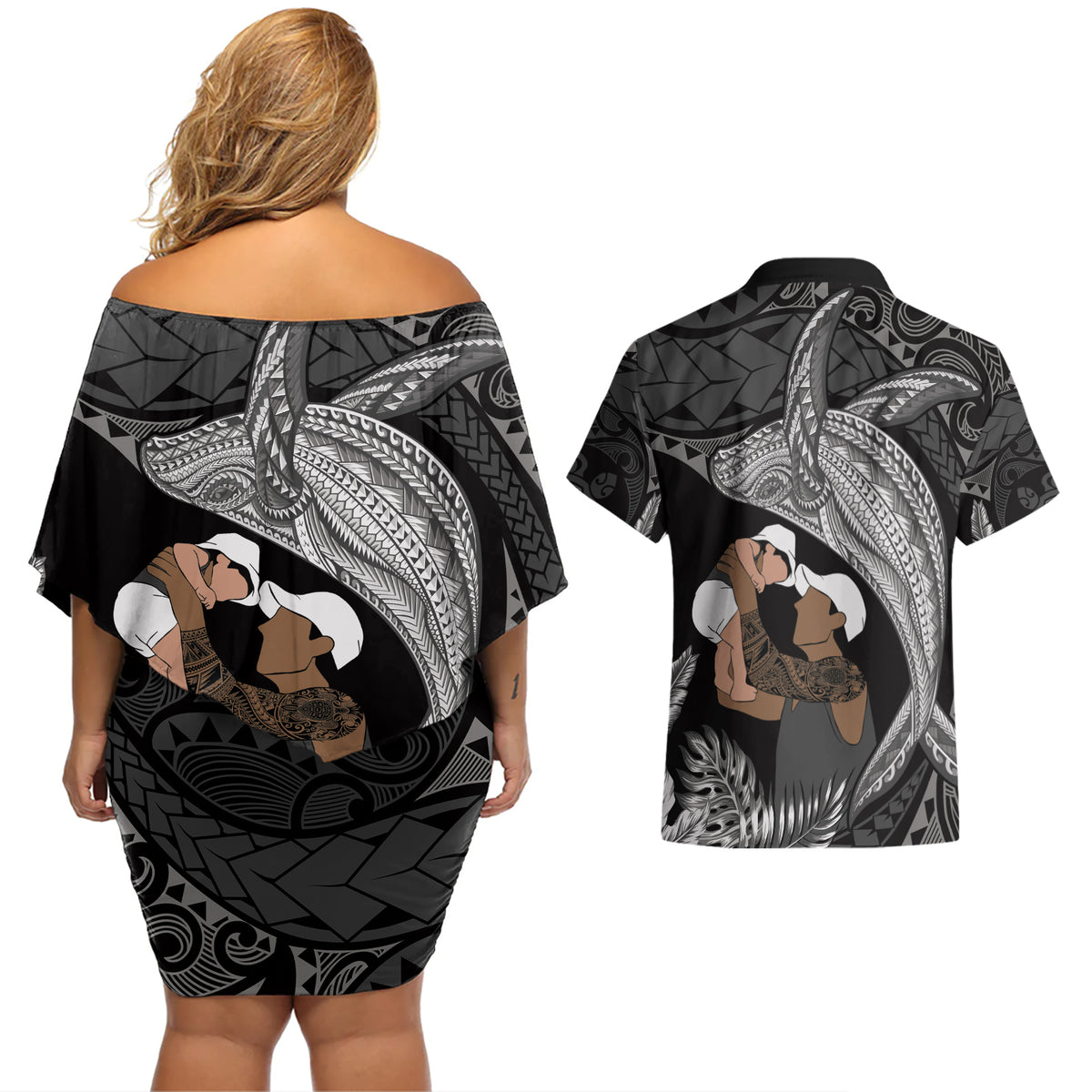 Father's Day Polynesian Pattern Couples Matching Off Shoulder Short Dress and Hawaiian Shirt Tropical Humpback Whale - Black