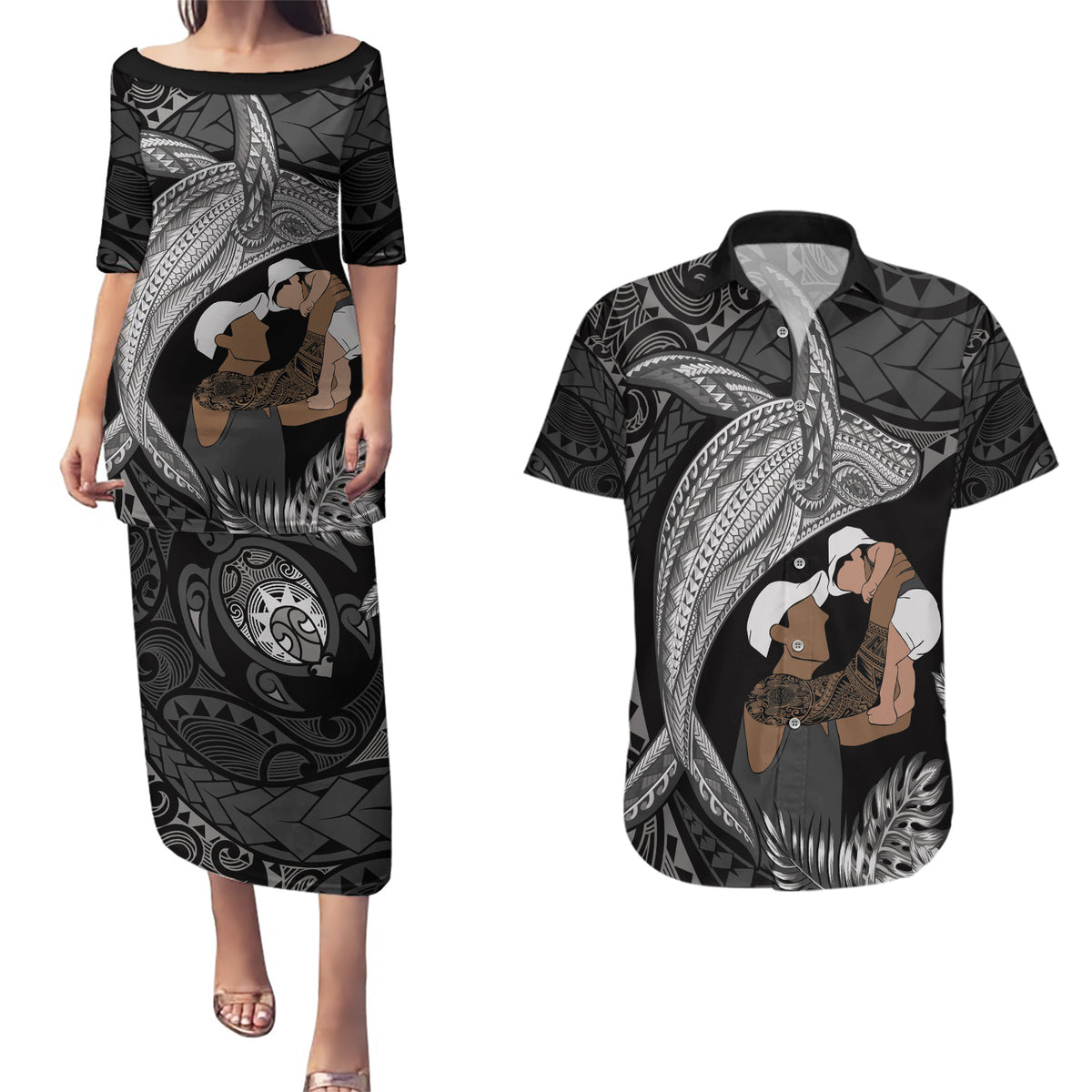 Father's Day Polynesian Pattern Couples Matching Puletasi and Hawaiian Shirt Tropical Humpback Whale - Black