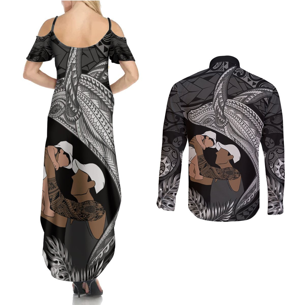 Father's Day Polynesian Pattern Couples Matching Summer Maxi Dress and Long Sleeve Button Shirt Tropical Humpback Whale - Black LT7 - Polynesian Pride