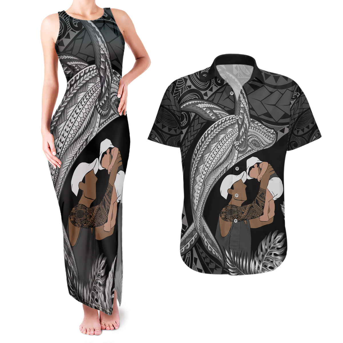Father's Day Polynesian Pattern Couples Matching Tank Maxi Dress and Hawaiian Shirt Tropical Humpback Whale - Black