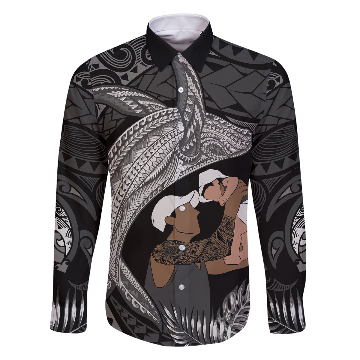 Father's Day Polynesian Pattern Family Matching Long Sleeve Bodycon Dress and Hawaiian Shirt Tropical Humpback Whale - Black