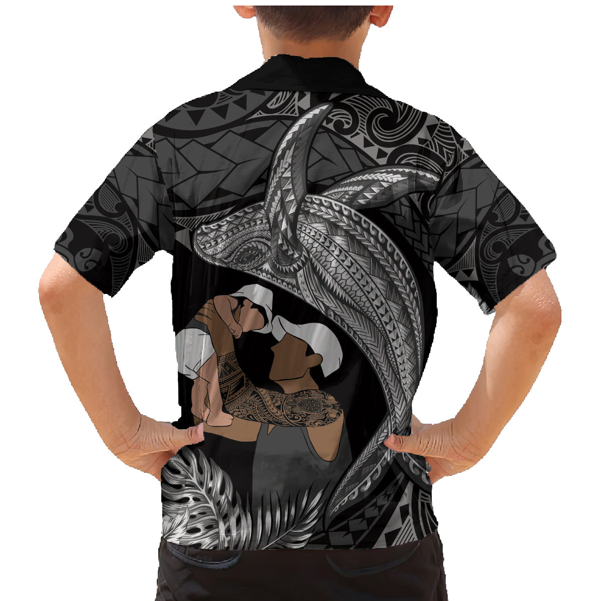 Father's Day Polynesian Pattern Family Matching Mermaid Dress and Hawaiian Shirt Tropical Humpback Whale - Black