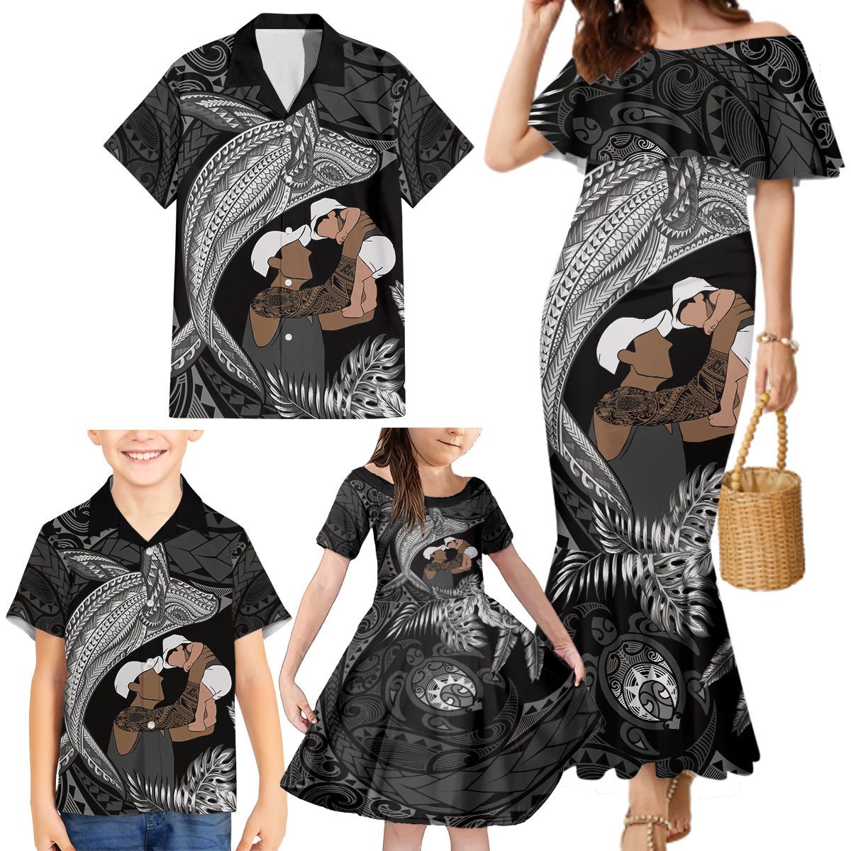 Father's Day Polynesian Pattern Family Matching Mermaid Dress and Hawaiian Shirt Tropical Humpback Whale - Black